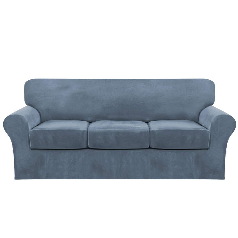 FantasDecor 4 Piece Sofa Velvet Couch Covers for 3 Cushion Stretch Slipcover with Individual Seat Cushion Elastic Furniture Protector for Pets, Machine Washable (Sofa,Stone Blue) - Image 1